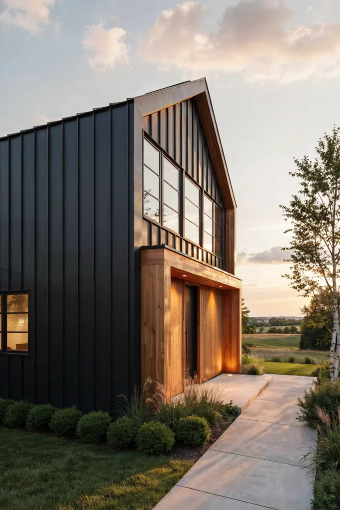 Black Metal Barn House with Warm Wood Accents