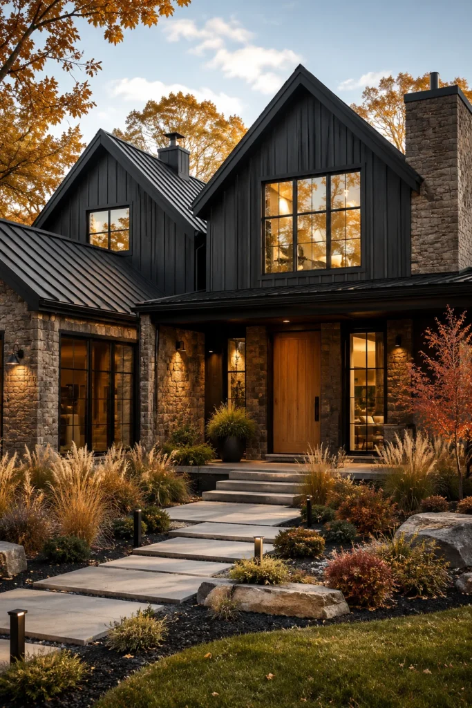 Dark Charcoal Barn House with Natural Stone Details