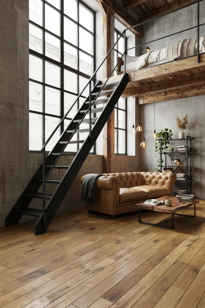 Industrial Tiny Loft With Exposed Wood and Metal