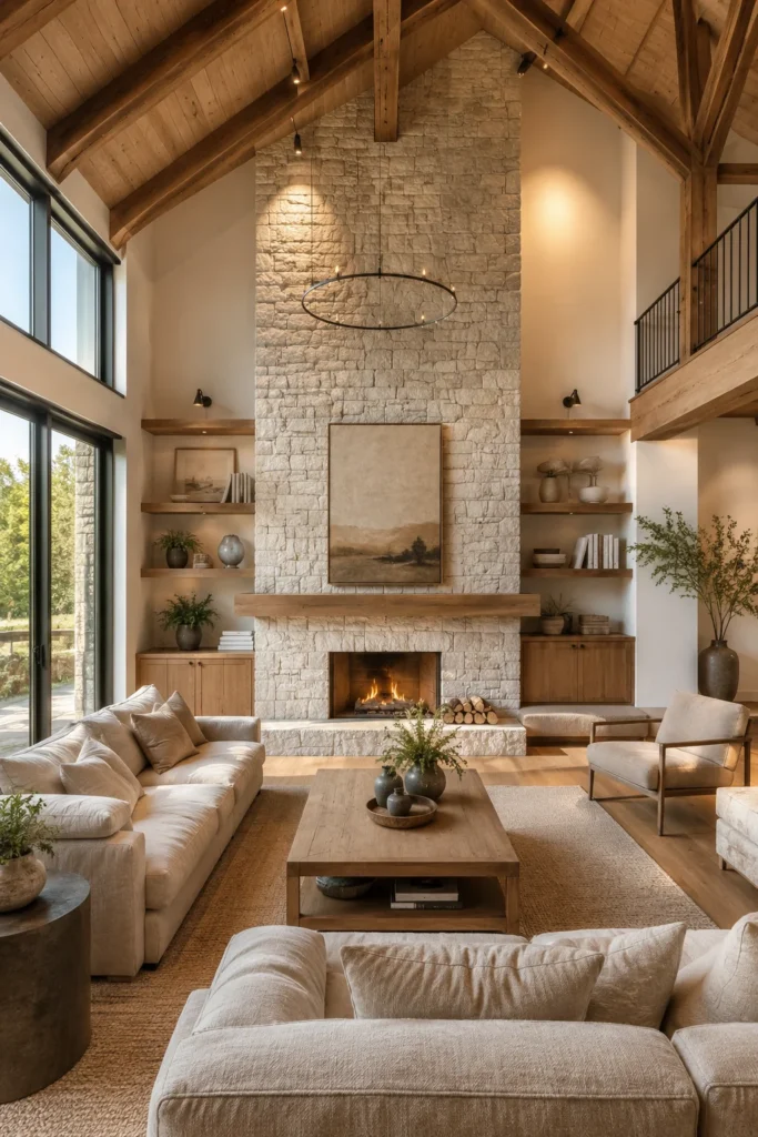 Barn House with a Minimalist Fireplace Feature Wall