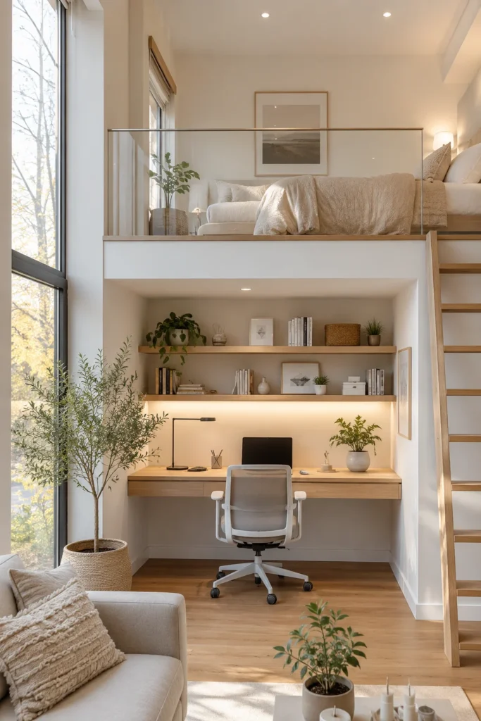 Modern Loft Featuring a Compact Home Office