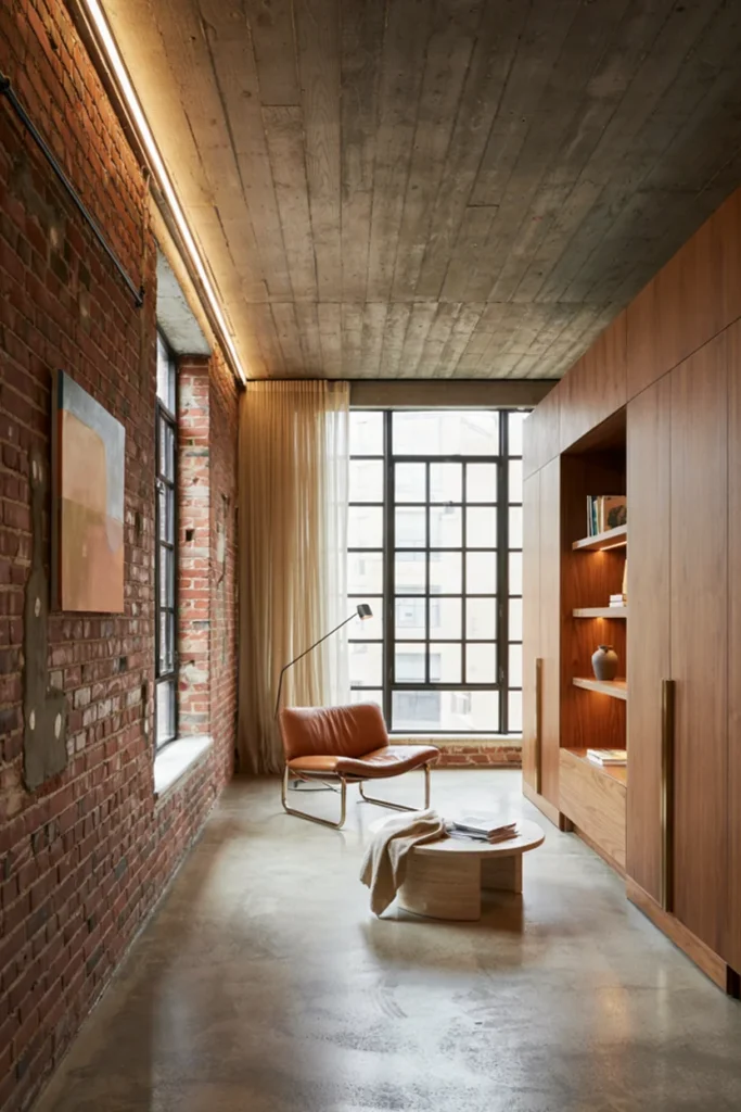 Raw Brick and Concrete Paired with Bespoke Millwork