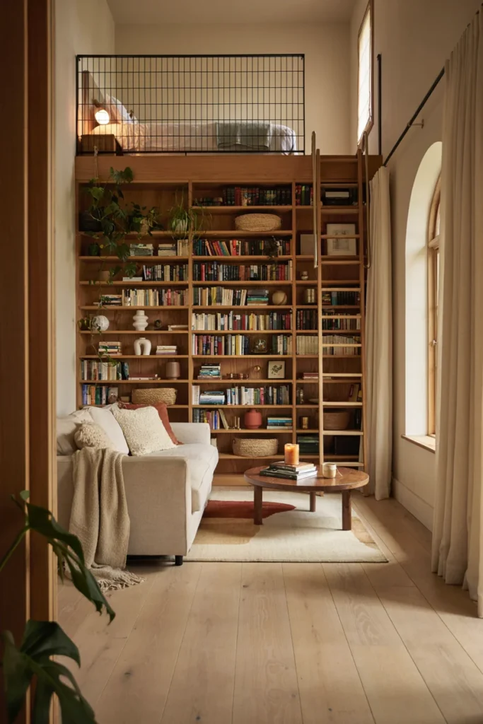 Tiny Loft With Floor-to-Ceiling Shelving