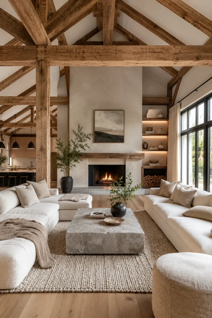 Warm Neutral Living Room with Exposed Timber Beams