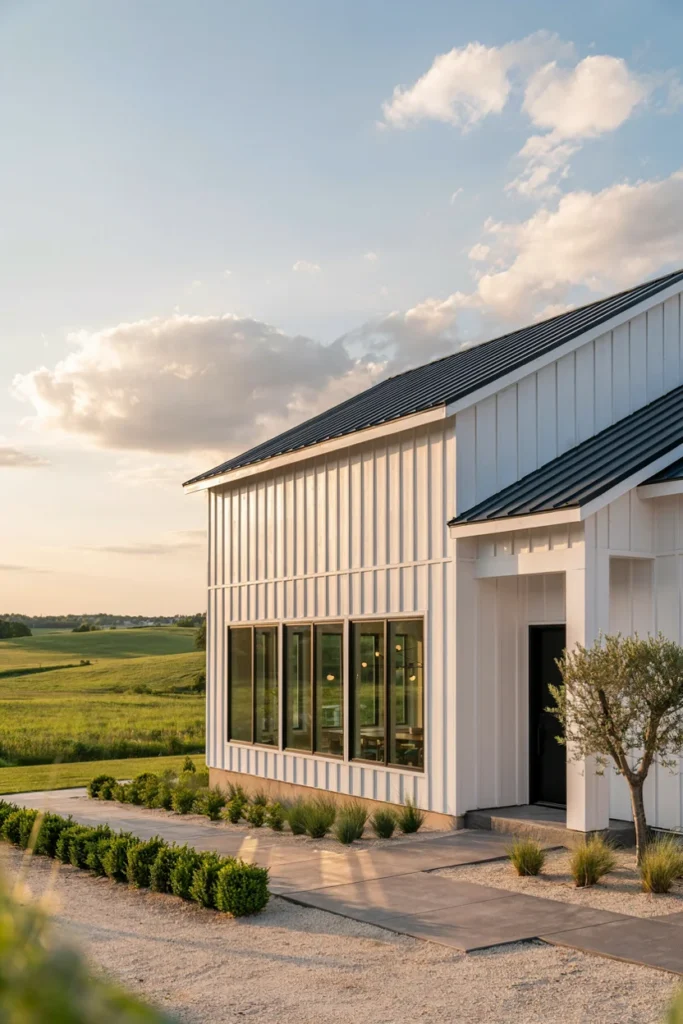 White Barn Exterior with Floor-to-Ceiling Windows