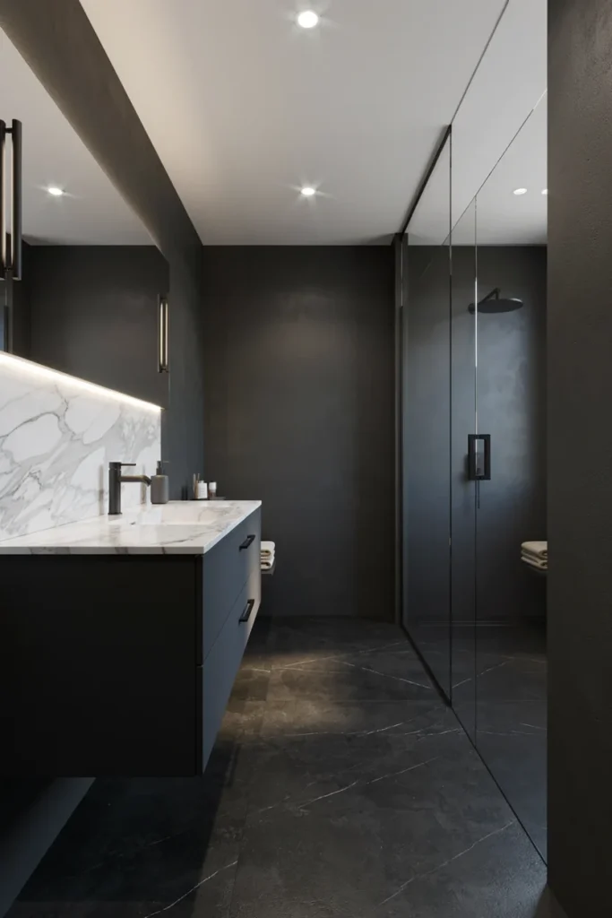All-Black Bathroom With Marble Details