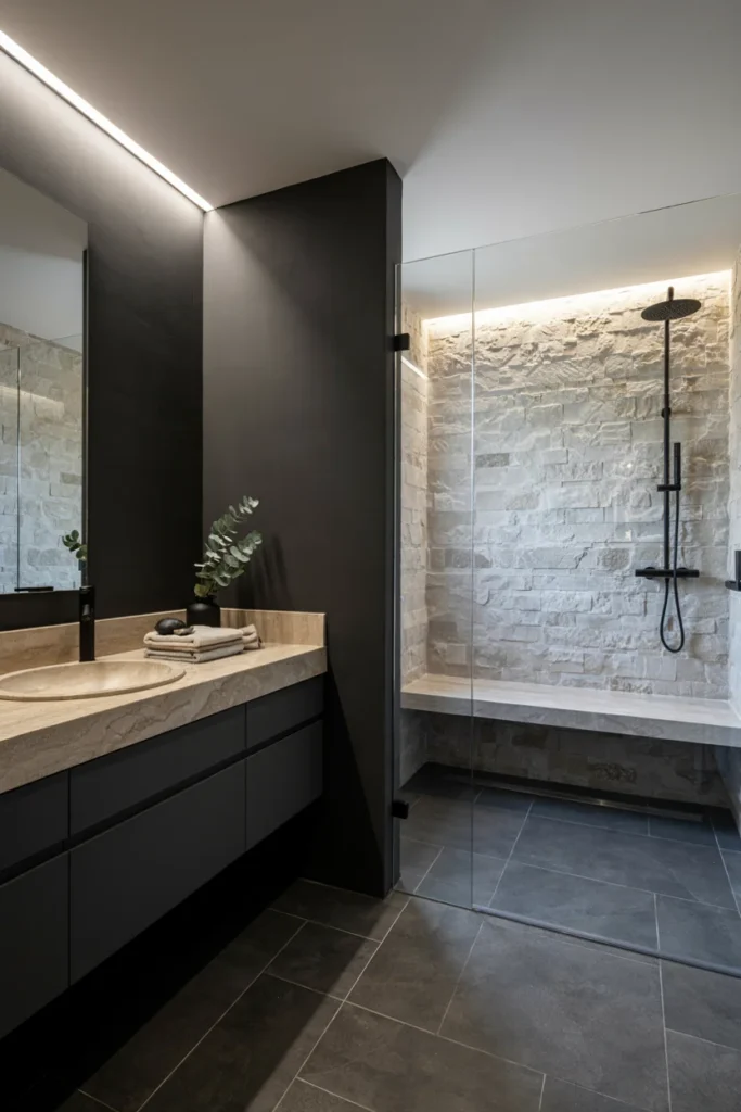 Black Bathroom With Natural Stone Details