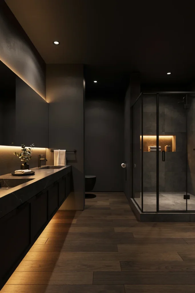 Black Bathroom With Soft Ambient Lighting