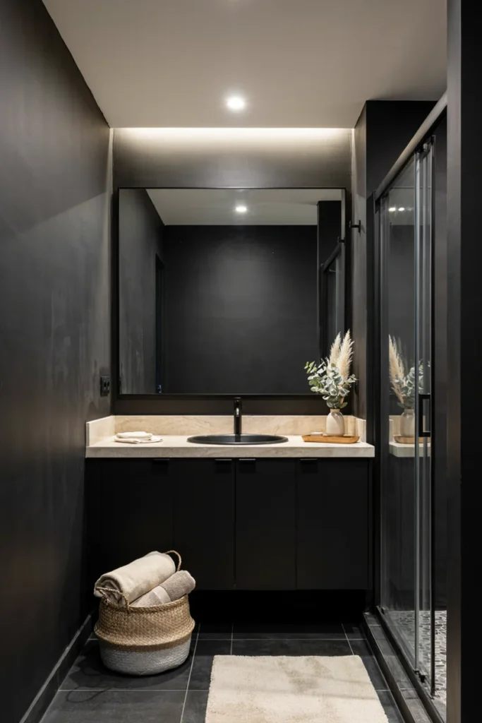 Black Bathroom With Warm Neutral Accessories