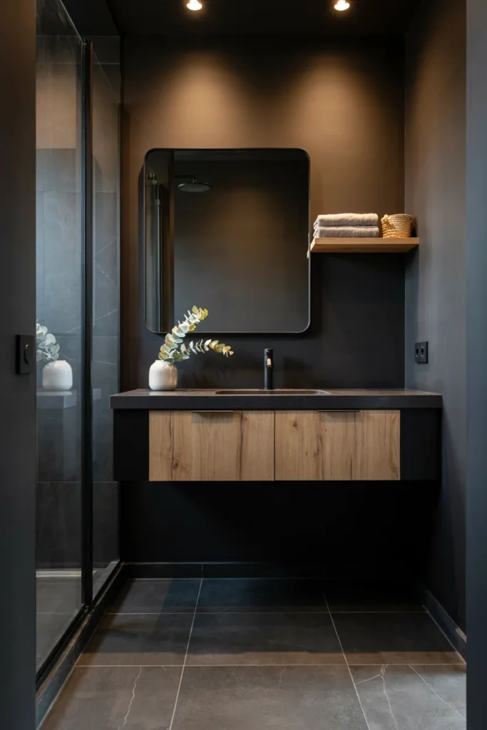 Black Bathroom With Warm Wood Accents