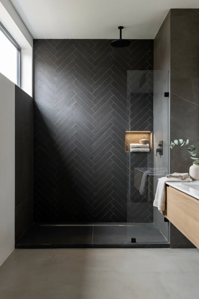Black Herringbone Tile Shower