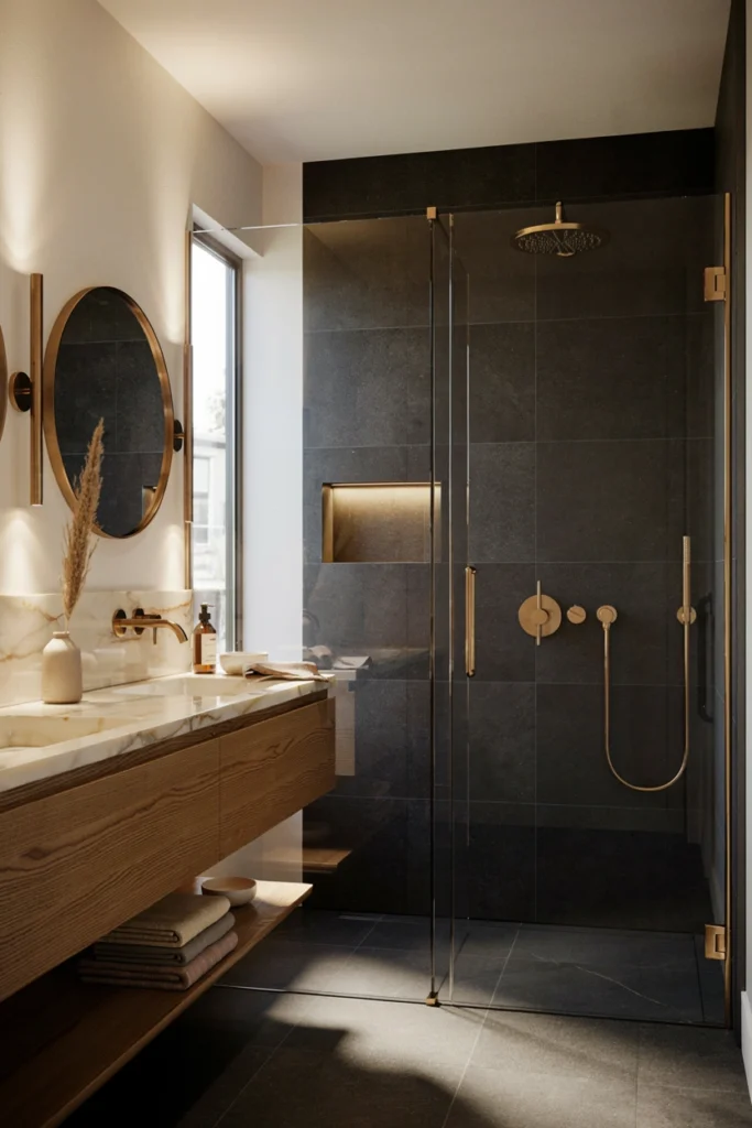 Black Shower With Brass Fixtures
