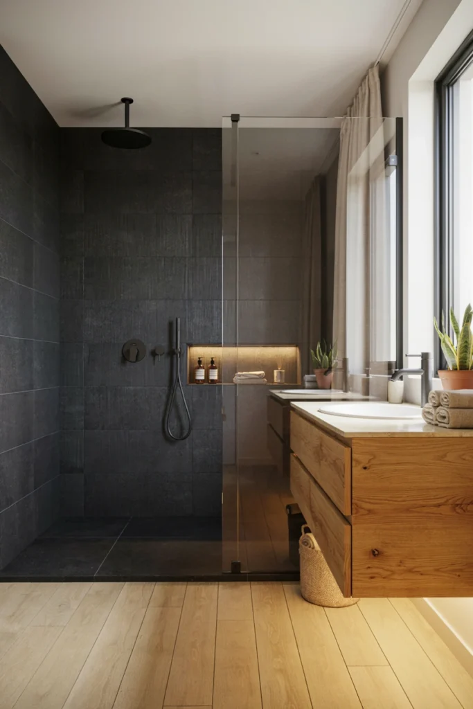 Black Shower With Warm Wood Accents