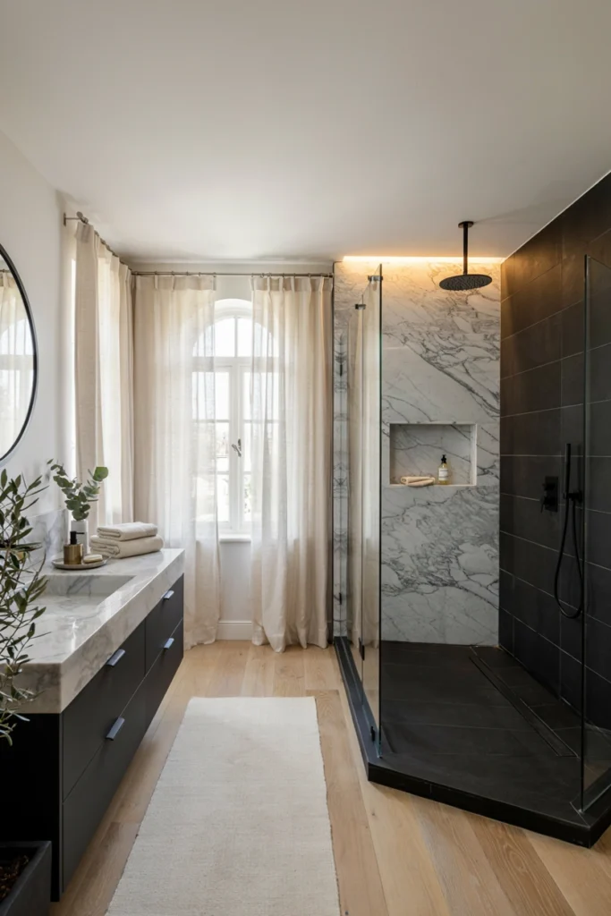 Black Shower With White Marble Contrast