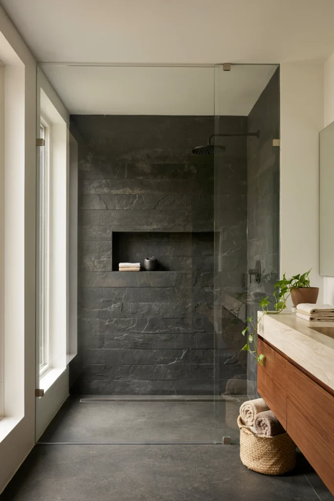 Black Stone Shower With Natural Textures