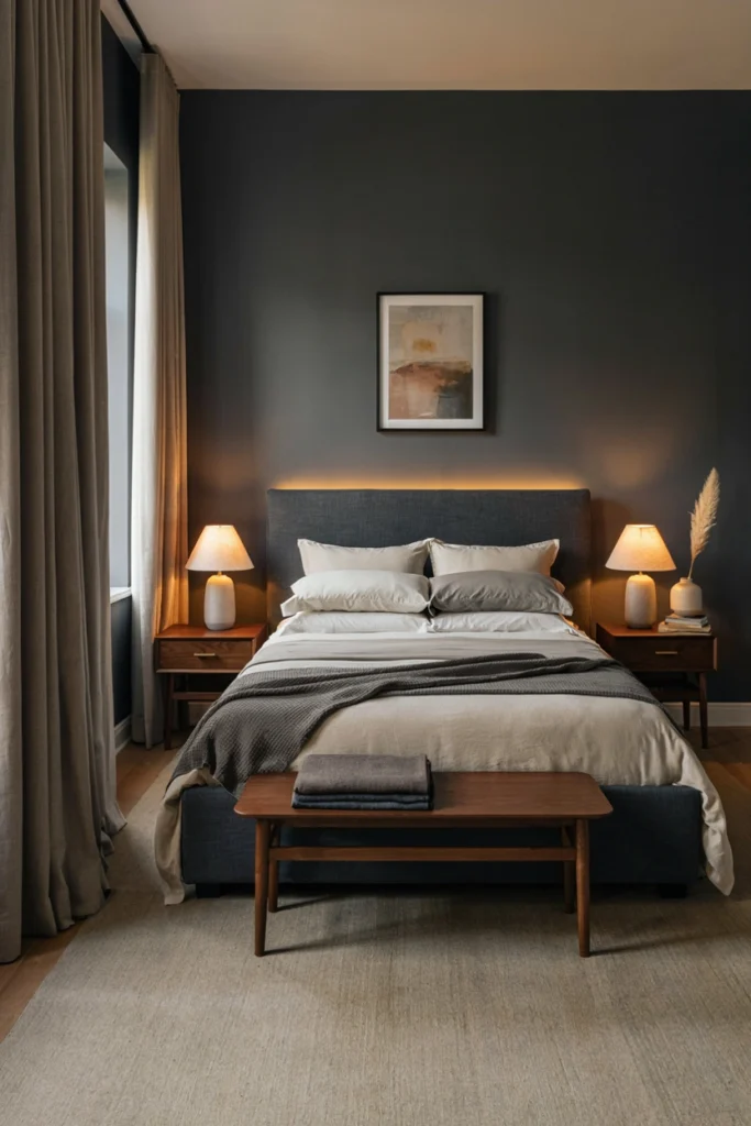 Dark Charcoal Bedroom With Warm Lighting