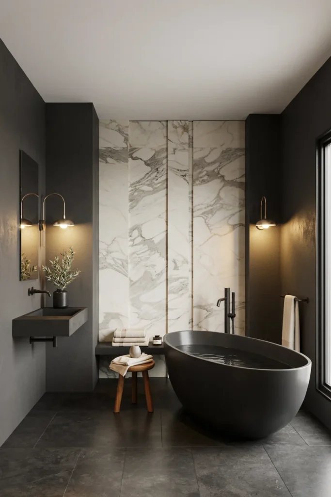 Dramatic Black Bathroom With a Freestanding Tub
