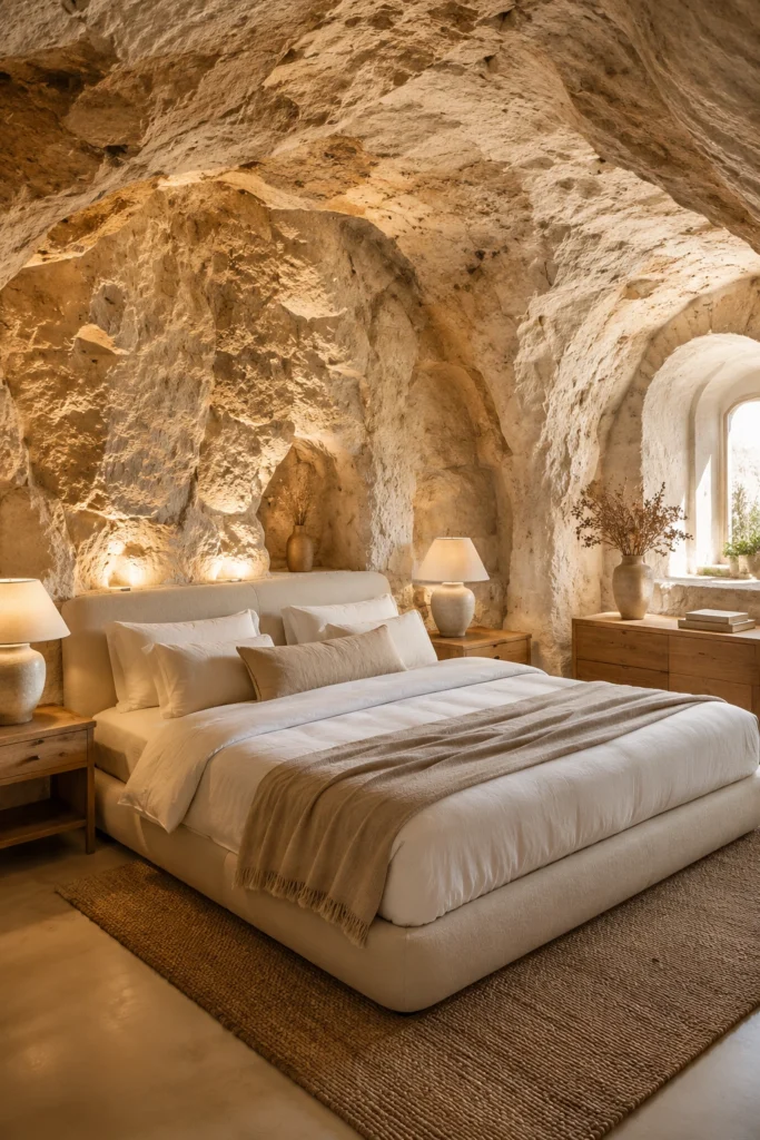 Elegant Cave Bedroom With Stone Walls