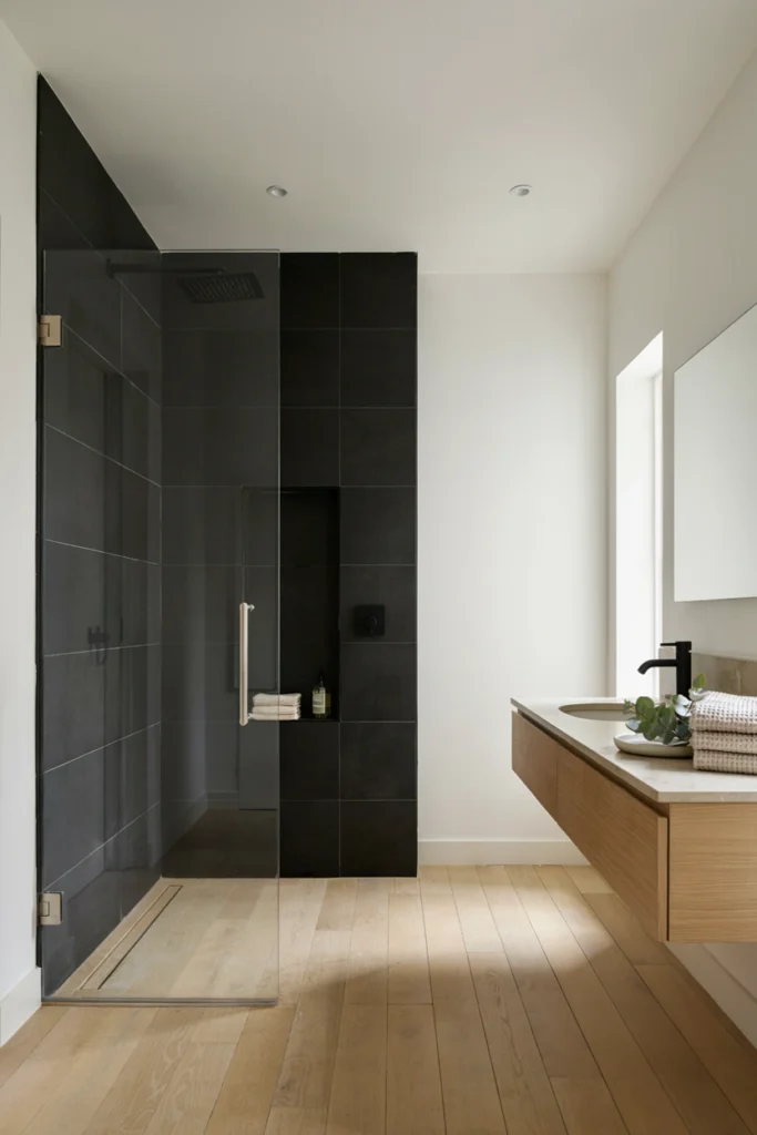 Floor-to-Ceiling Black Tile Shower