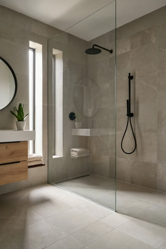 Frameless Glass Shower With Black Fixtures