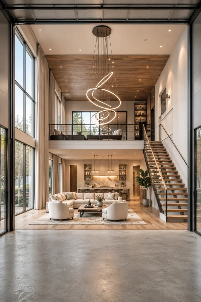 High-Ceiling Loft with Oversized Statement Lighting