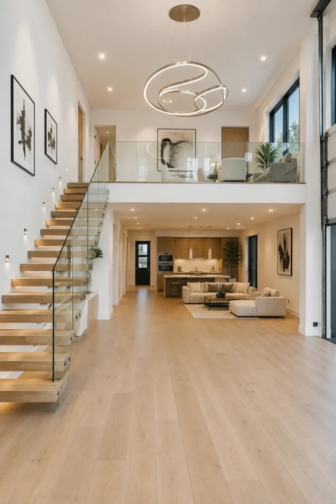 Luxury Loft with Glass Railing and Floating Staircase
