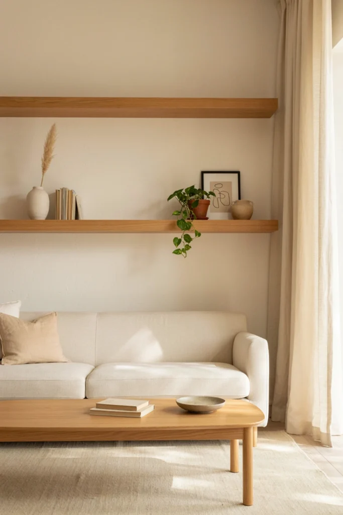 Minimalist Living Room With Floating Shelves