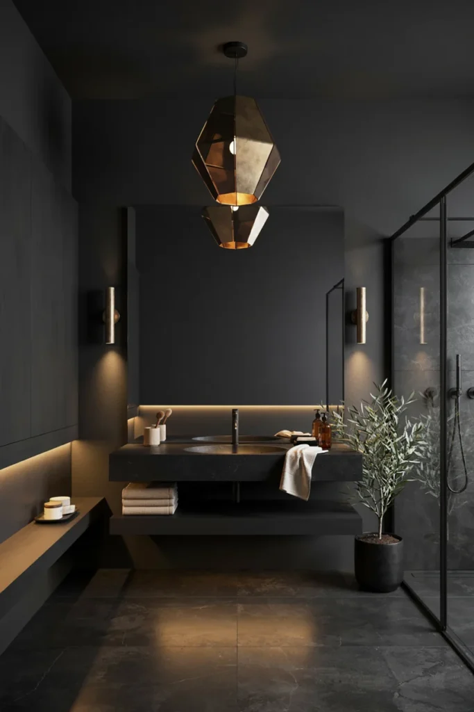 Moody Black Bathroom With Statement Lighting