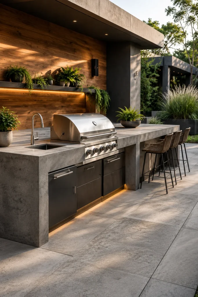 Sleek Concrete Outdoor Kitchen With Built-In Grill