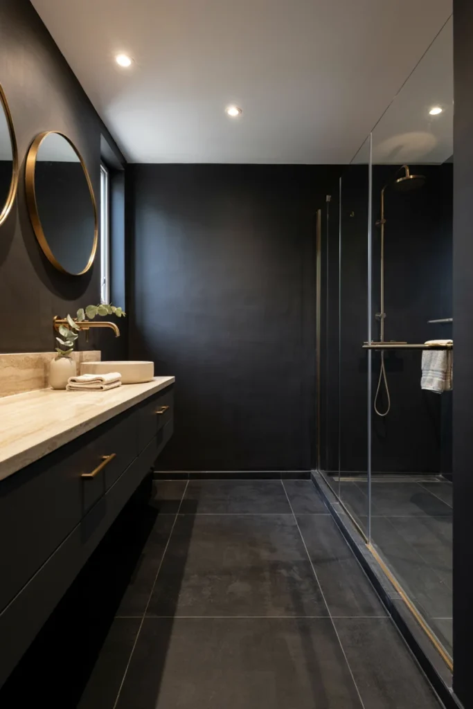 Small Black Bathroom With Brass Fixtures