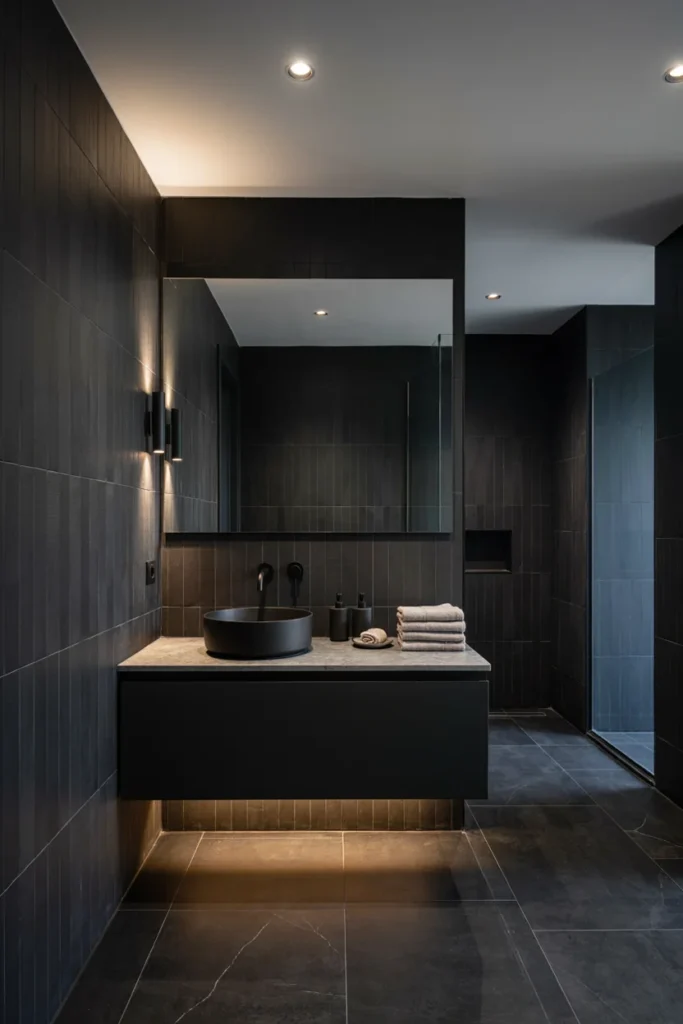 Small Black Bathroom With a Floating Vanity