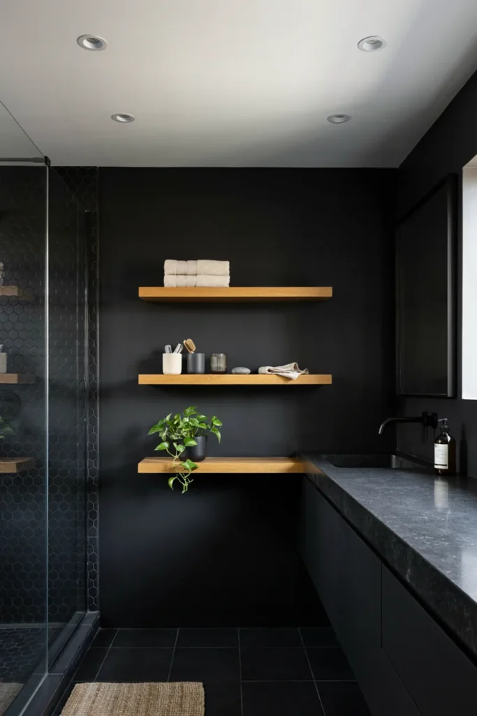 Small Black Bathroom With Open Shelving