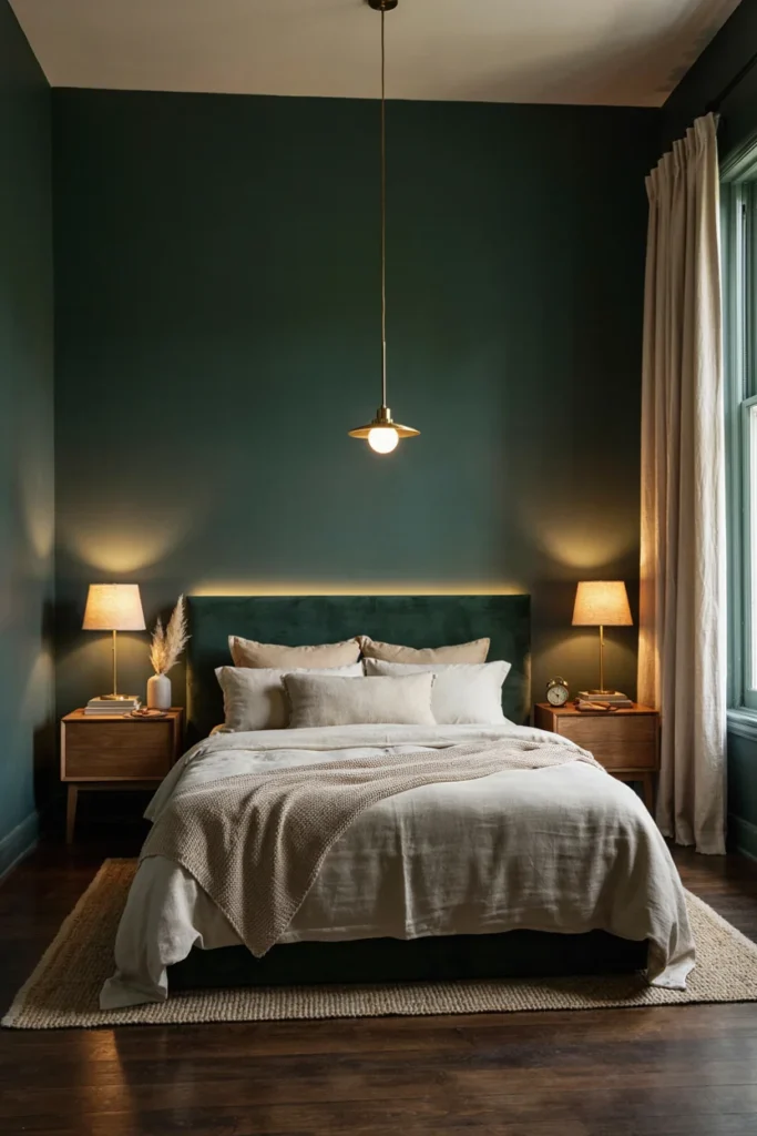 Dark Green Bedroom With Soft Ambient Lighting