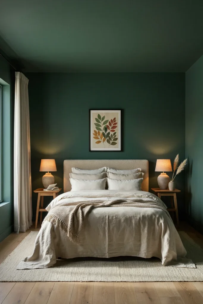 Dark Green Walls With Cream Bedding