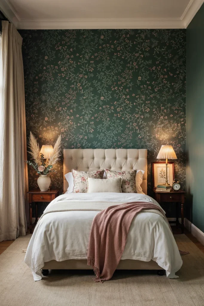 Dark Green Bedroom With Moody Floral Wallpaper