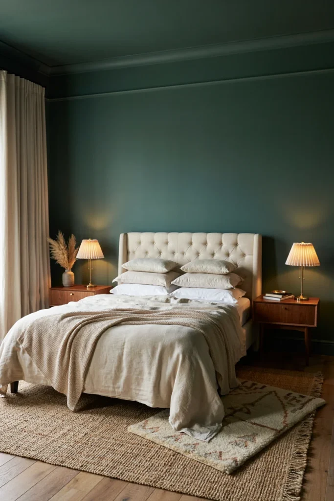 Dark Green Bedroom With Layered Rugs