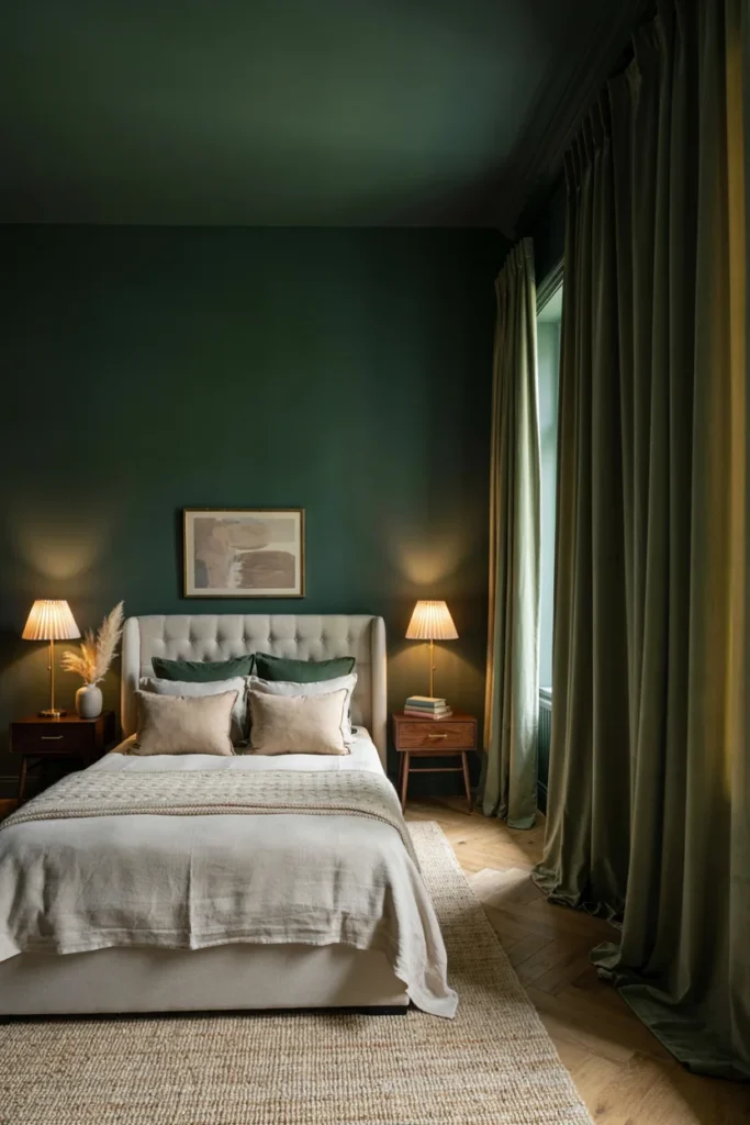 Dark Green Bedroom With Moody Curtains