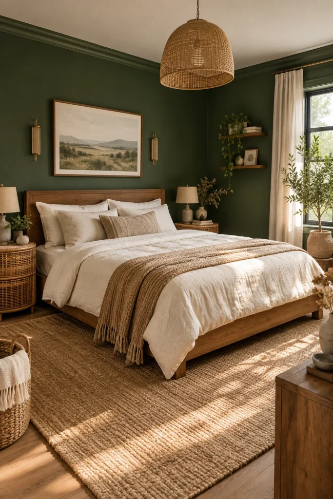 Dark Green Bedroom With Earthy Natural Materials