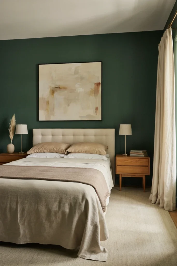 Dark Green Bedroom With Oversized Artwork