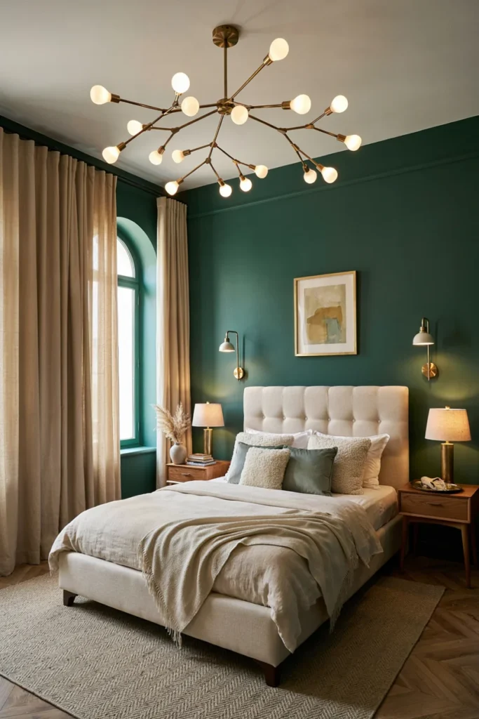 Dark Green Bedroom With Statement Lighting
