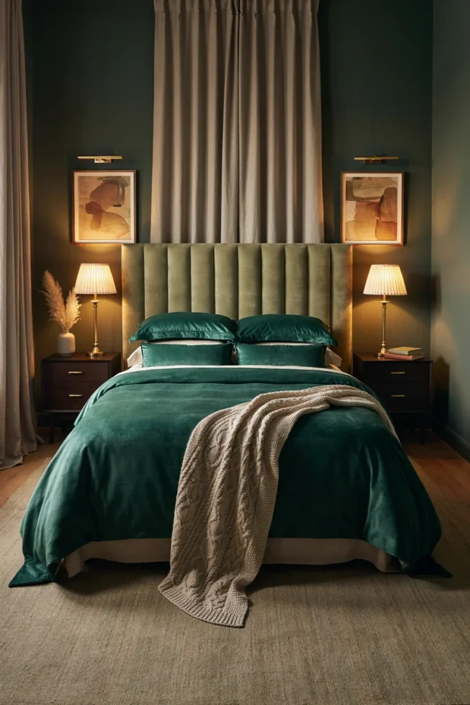 Dark Green Bedroom With Velvet Bedding