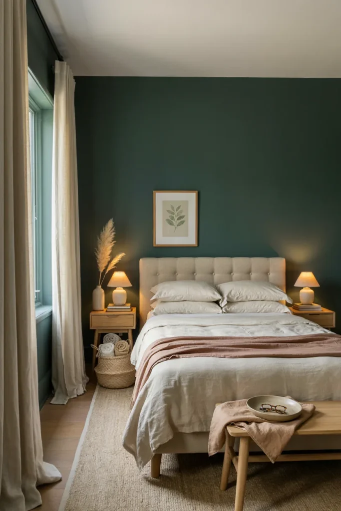 Dark Green Walls With Warm Neutral Decor
