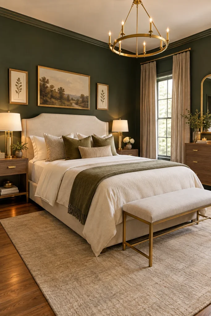Dark Green and Brass Bedroom Design