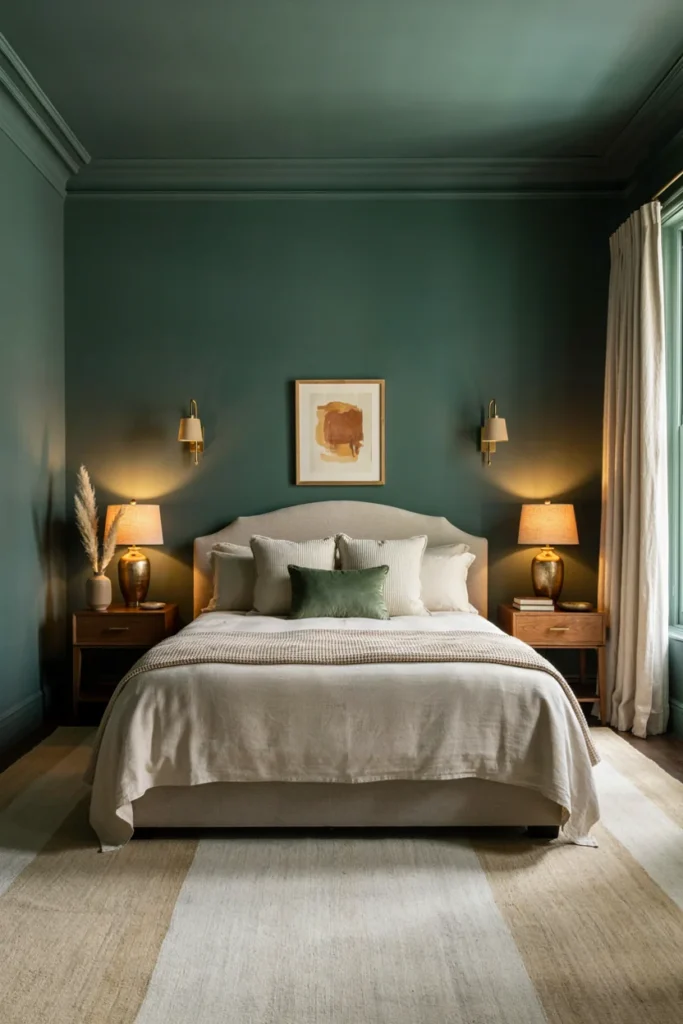 Deep Forest Green Walls With Warm Lighting