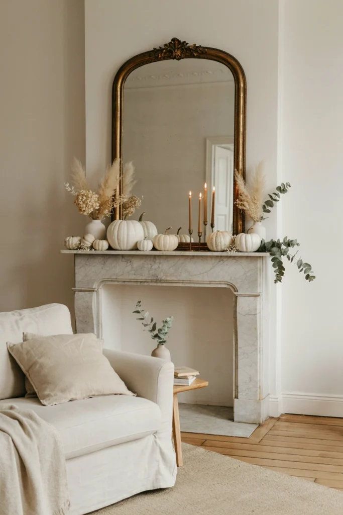 Elegant White Pumpkin Mantel