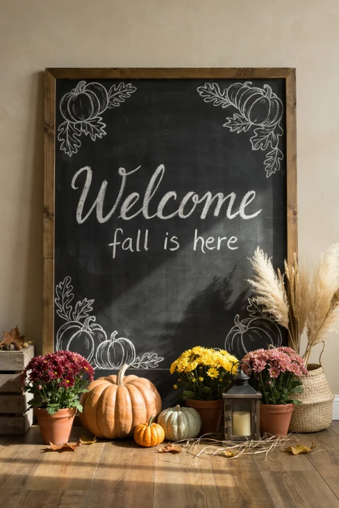 Fall Chalkboard with Pumpkins and Mums