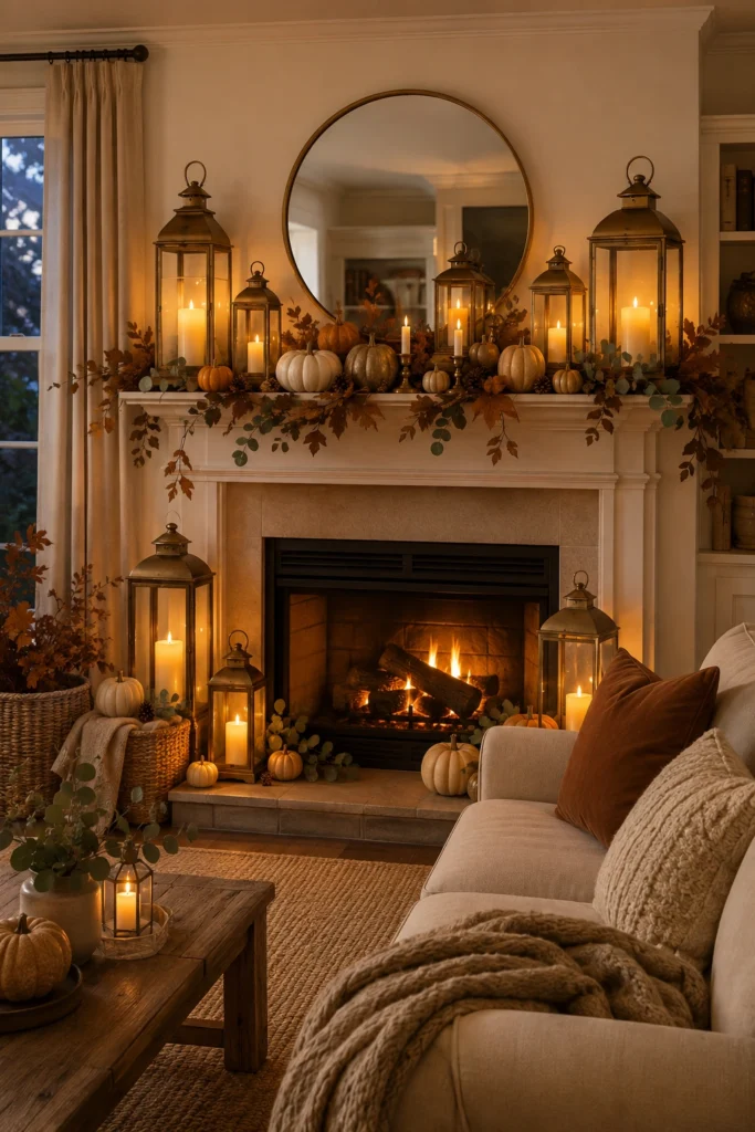 Fall Mantel With Candles and Lanterns