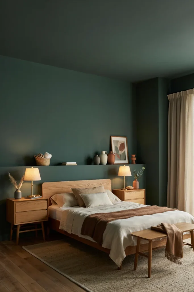 Moody Green Bedroom With Rich Wood Furniture