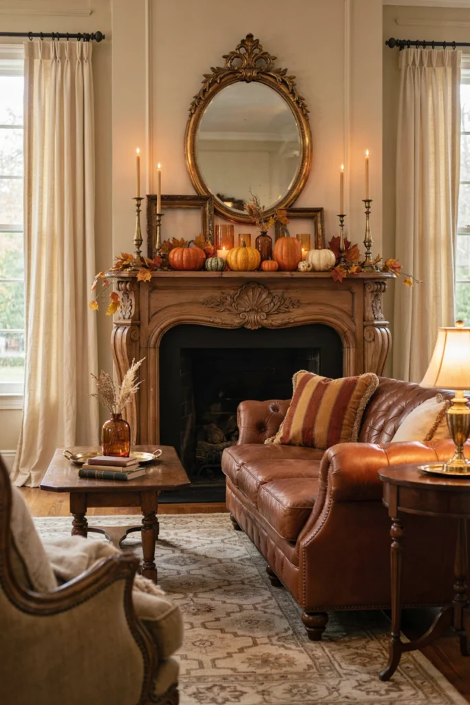 Traditional Orange and Gold Fall Mantel