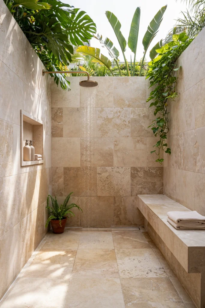 Outdoor Shower with a Built-In Bench